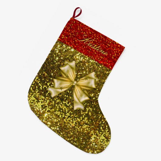 黄金と赤のグリッターと弓 ラージクリスマスストッキング (正面 (吊り時))