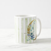 黄金のイニシャル青と白のストライプ コーヒーマグカップ (正面右)