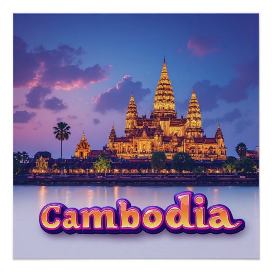 黄金のカンボジアの寺院の夕景 ポスター (正面)