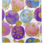 黄金のグリッターとスノーフレークの水彩ドット シャワーカーテン (正面)