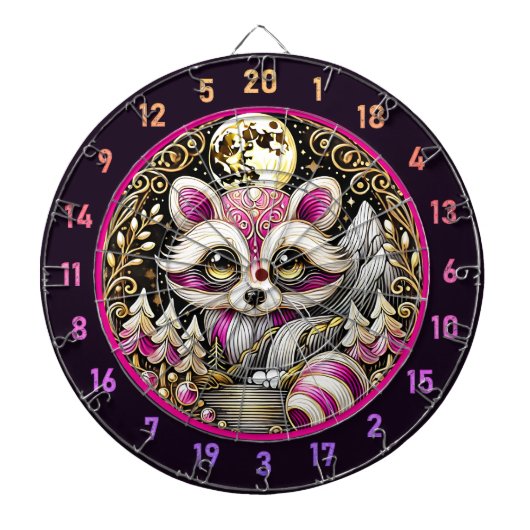 黄金のセレニティの真ん中に立つピンクのラクーン ダーツボード (正面)