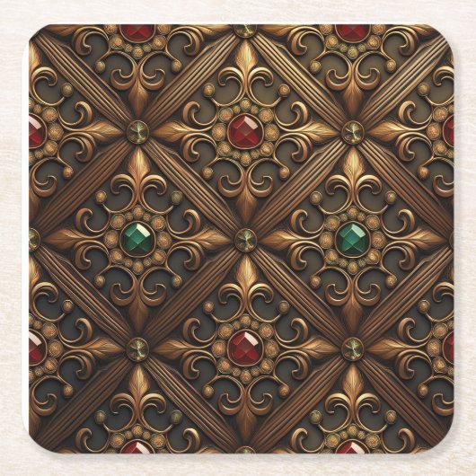 黄金のデザインのエメラルドとルビー華美ズ スクエアペーパーコースター (正面)