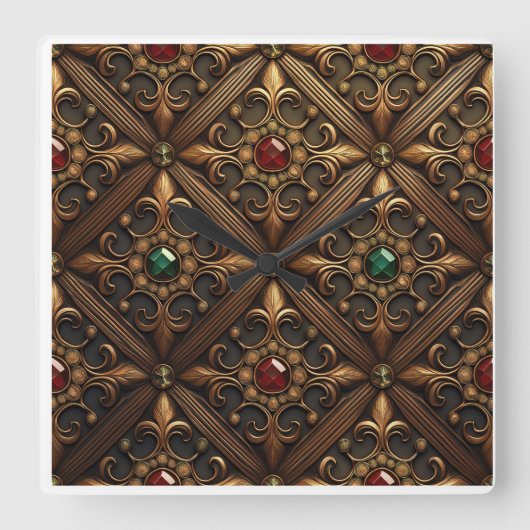 黄金のデザインのエメラルドとルビー華美ズ スクエア壁時計 (正面)