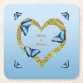 黄金のハートを持つ青いモルフォ スクエアペーパーコースター (正面)