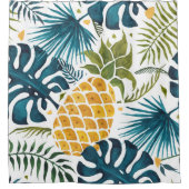 黄金のパイナップル葉ブルーパームの葉が白 シャワーカーテン (正面)