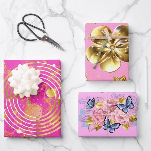 黄金のモダン幾何学的と花ガロール ラッピングペーパーシート (正面)