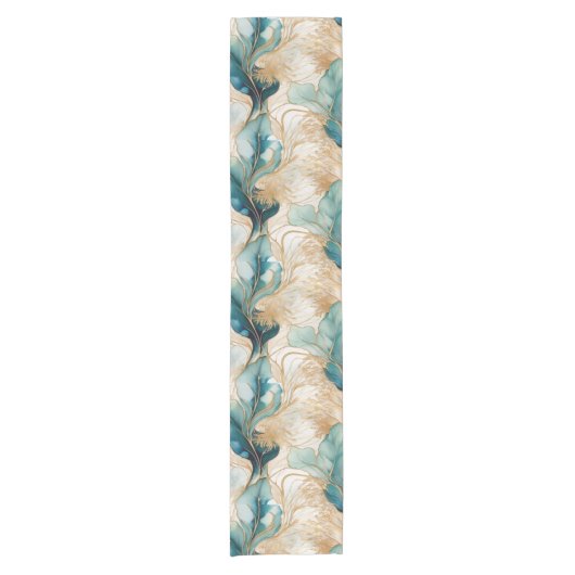 黄金のユニーク境界を持つ抽象芸術アルコールインク ショートテーブルランナー (正面)