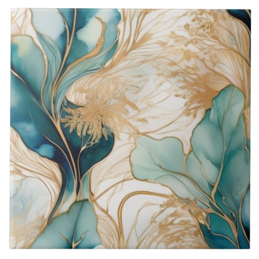 黄金のユニーク境界を持つ抽象芸術アルコールインク タイル (正面)