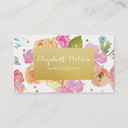 黄金のラベルと紙吹雪水彩の花 名刺 (正面)