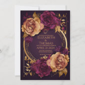 黄金のリングや輪とバラダークパープルとブラウンシュガー 招待状 (正面)