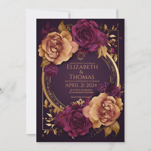 黄金のリングや輪とバラダークパープルとブラウンシュガー 招待状 (正面)