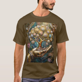 黄金のロボットの手が命の金の木を持つ Tシャツ