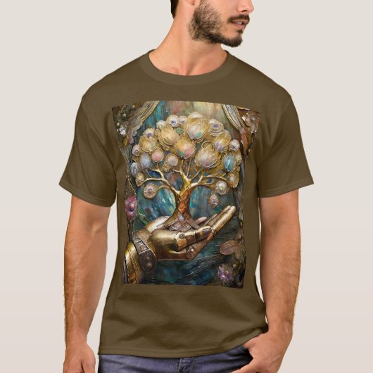 黄金のロボットの手が命の金の木を持つ Tシャツ (正面)