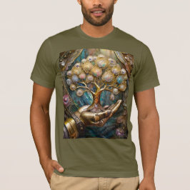 黄金のロボットハンドが命の木(金の木)を保持 Tシャツ