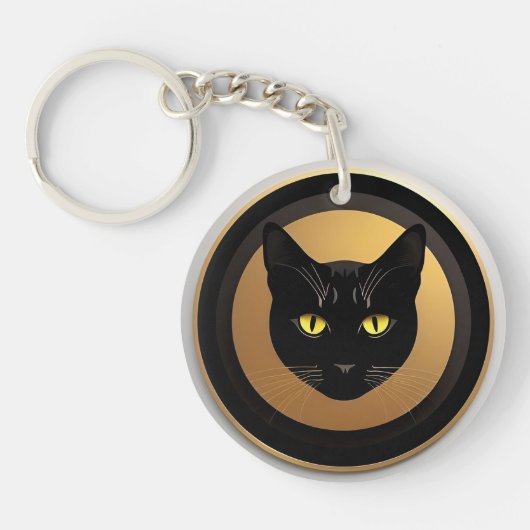 黄金の円上の黒猫イラスト キーホルダー (正面)