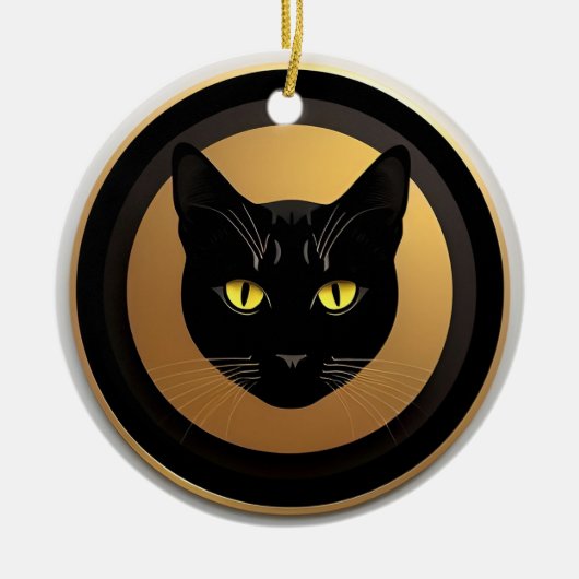 黄金の円上の黒猫イラスト セラミックオーナメント (正面)
