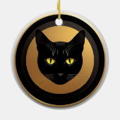 黄金の円上の黒猫イラスト セラミックオーナメント (裏面)