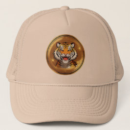 黄金の円形の背景にトラの頭のエンブレム キャップ