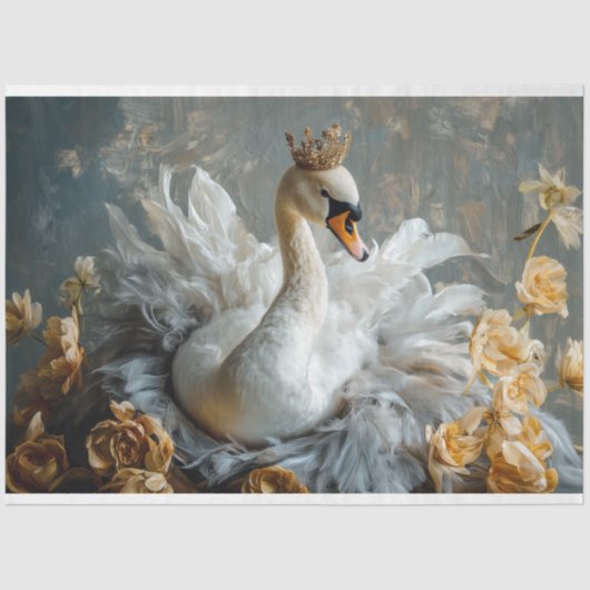 黄金の冠を持つ白鳥と黄色の花模様のデコページ 薄葉紙 (正面)