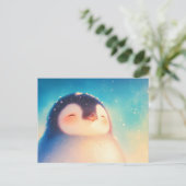黄金の冬の太陽を浴びる幸せなペンギンの赤ちゃん ポストカード (スタンド正面)