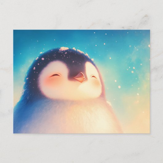 黄金の冬の太陽を浴びる幸せなペンギンの赤ちゃん ポストカード (正面)