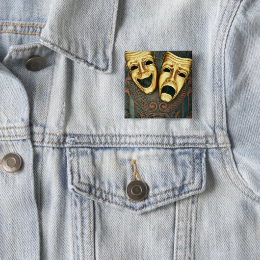 黄金の喜劇と悲劇の面パターン(の模様が)あるは 缶バッジ (インサイチュ)