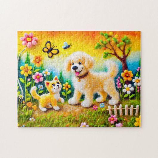 黄金の夕日が沈む庭のフェルトの犬と猫 ジグソーパズル (横)