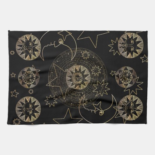 黄金の太陽の月の星の天文学の芸術 キッチンタオル (横)