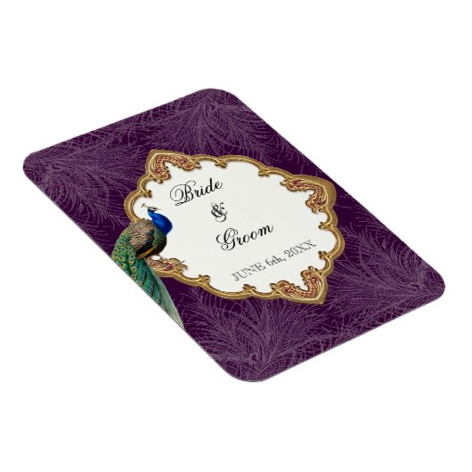 黄金の孔雀と渦巻き – 結婚式日付を保存 マグネット (右側)