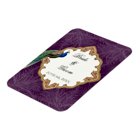 黄金の孔雀と渦巻き – 結婚式日付を保存 マグネット (左側)