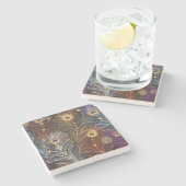 黄金の孔雀の羽:暗いパターン。 ストーンコースター (横)