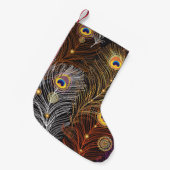 黄金の孔雀の羽：暗いパターン。 スモールクリスマスストッキング (正面 (吊り時))