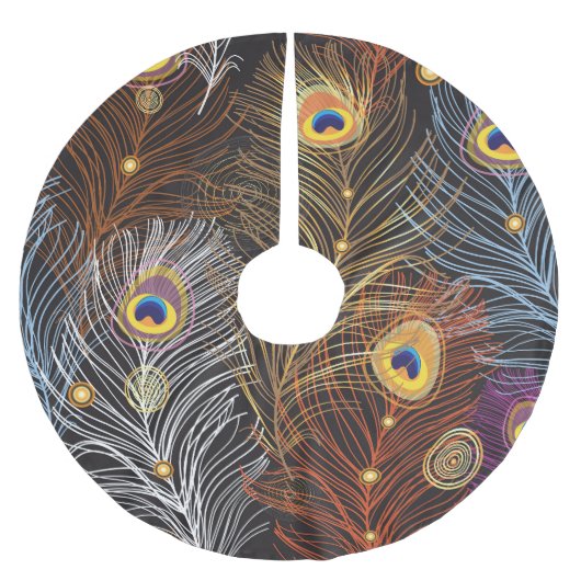 黄金の孔雀の羽：暗いパターン。 ブラッシュドポリエステルツリースカート (正面)