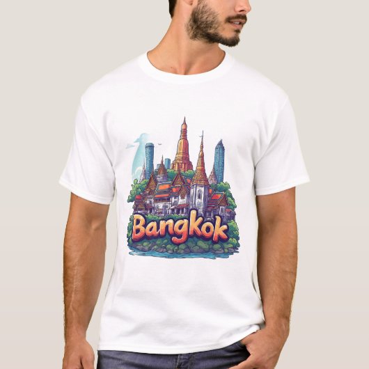 黄金の寺院のあるバンコク旅行イラスト Tシャツ (正面)