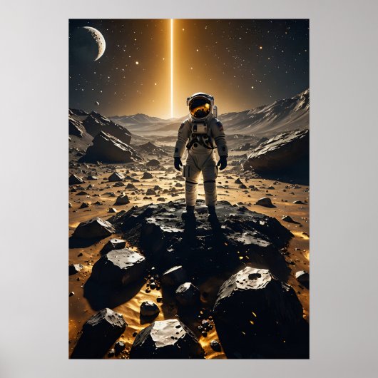黄金の小惑星上に浮白熱［赤熱］光を放つかぶ宇宙飛行士 ポスター (正面)