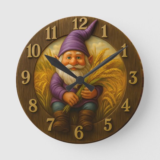 黄金の小麦のアクセントが付いた素朴な小人の収穫 ラウンド壁時計 (正面)