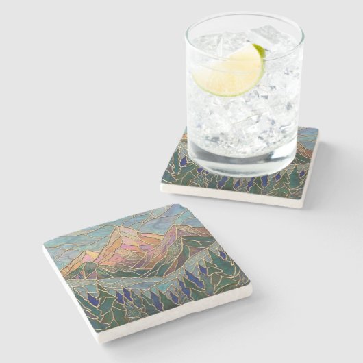 黄金の山の峰の森のステンドグラスアート ストーンコースター (横)