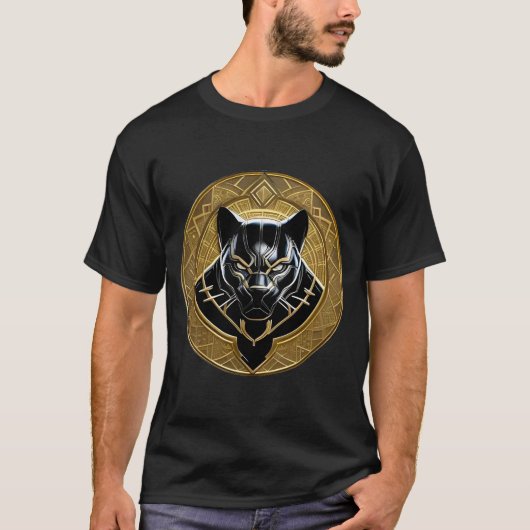黄金の幾何学模様の背景のブラックパンサーアイコン Tシャツ (正面)