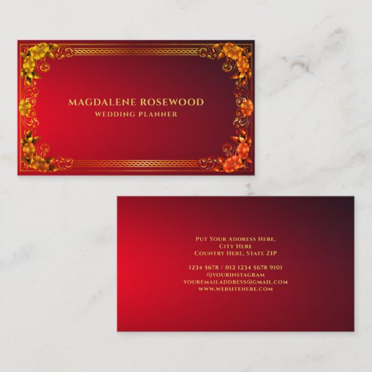 黄金の彫刻のregal花のフレーム明るい赤 名刺 (正面/裏面)