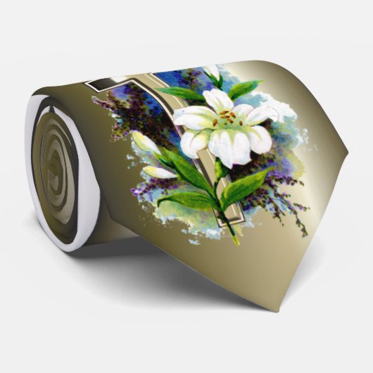 黄金の復活祭の十字と白いライリーの花 ネクタイ (ロール)