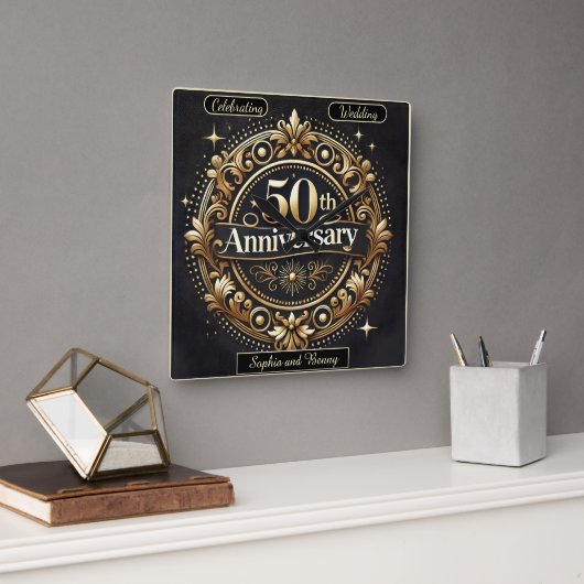 黄金の思い出:一緒に50年 スクエア壁時計 (オフィス)