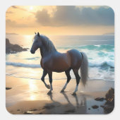 黄金の恵み：夕日の海岸のパロミノの馬 スクエアシール (正面)