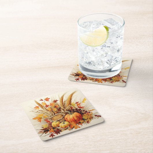 黄金の感謝メドレー：葉と花模様 スクエアペーパーコースター (インサイチュ)
