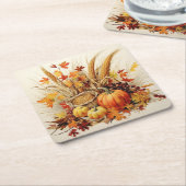 黄金の感謝メドレー:葉と花模様 スクエアペーパーコースター (アングル)