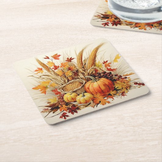 黄金の感謝メドレー:葉と花模様 スクエアペーパーコースター (アングル)