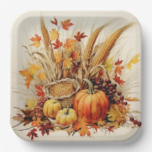 黄金の感謝メドレー：葉と花模様 ペーパープレート (正面)