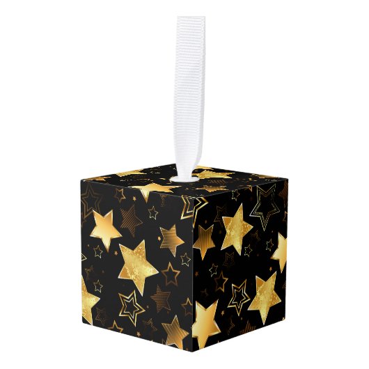 黄金の星とシームレスなパターン キューブオーナメント (正面アングル)