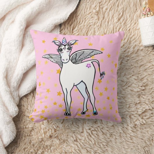 黄金の星のアクセントを持つ魔法の翼のユニコーン クッション (ブランケット)