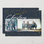 黄金の星モダンダークブルーのクリスマスの挨拶 シーズンカード (正面/裏面)