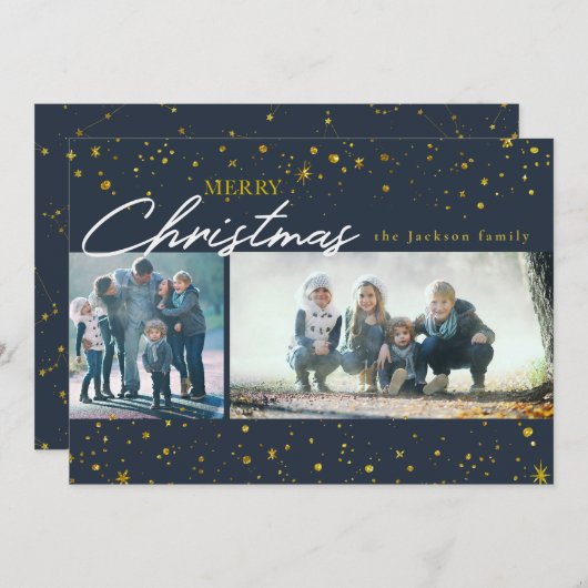 黄金の星モダンダークブルーのクリスマスの挨拶 シーズンカード (正面/裏面)